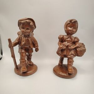 Red Mill Figurine Pair-Boy & Girl Wood Look Resin Composite-Handcrafted USA